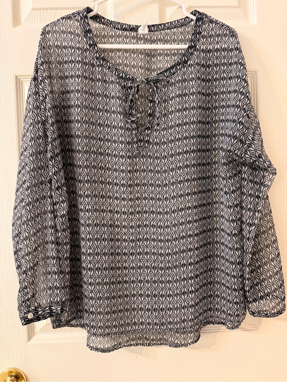 Old Navy Navy and White Geometric Tie-Neck Tunic